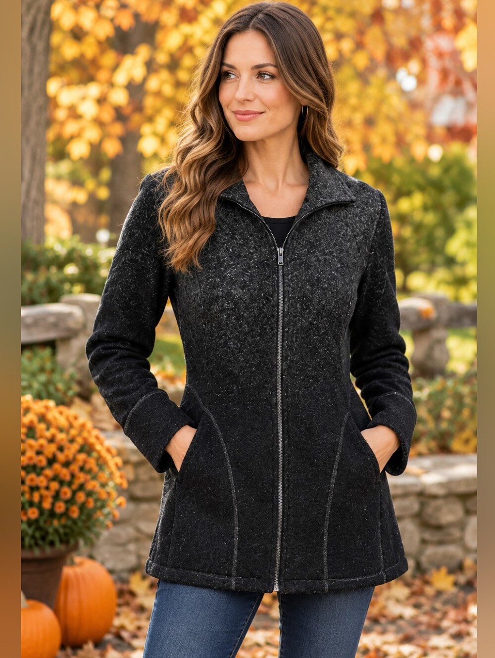 Akini Women's Boiled Wool Ombre Black Grey Zip Up Cardigan Jacket Pockets M